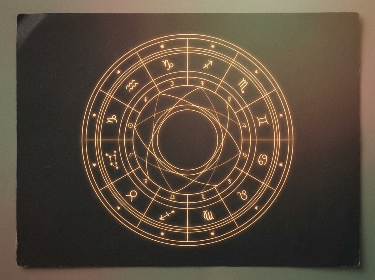 An astrological birth-chart wheel rendered as fine golden light on charcoal